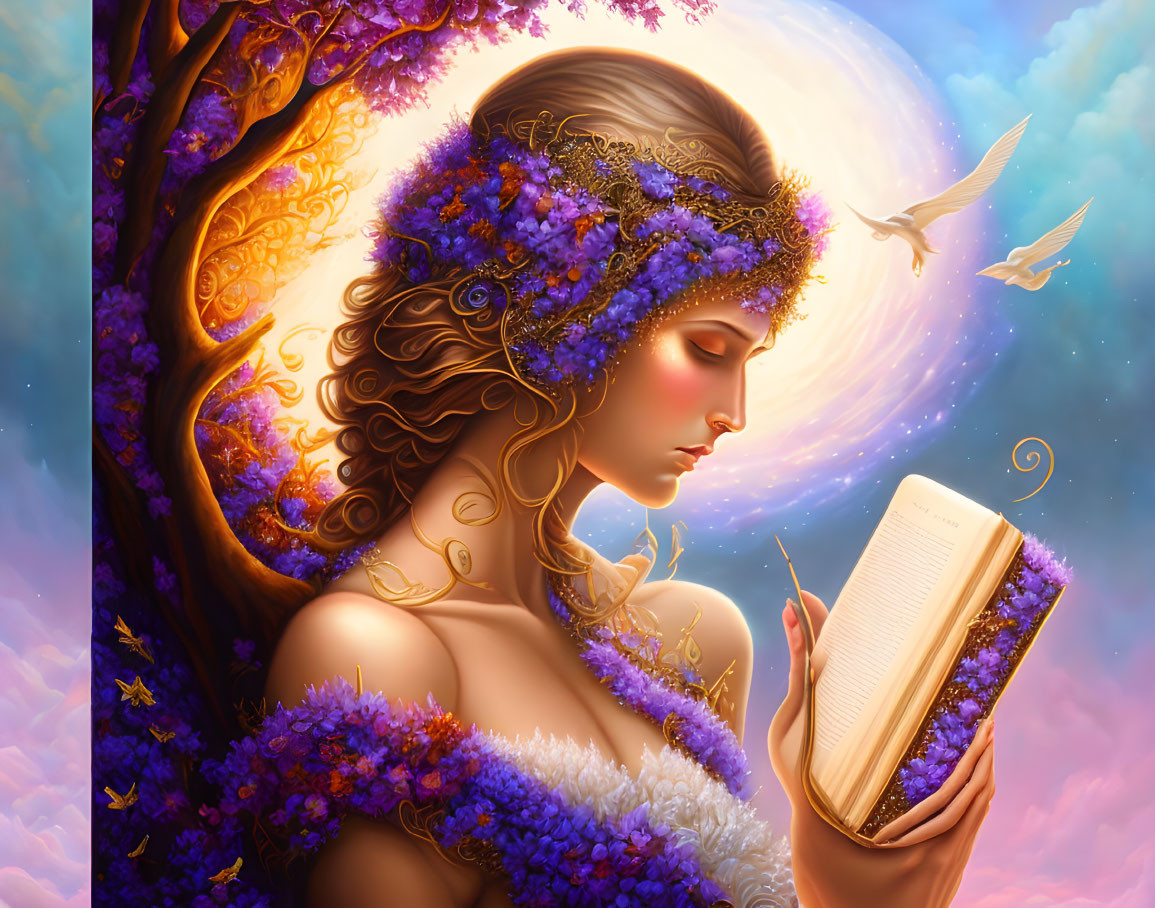 Woman with flowers reading book in colorful, whimsical scene