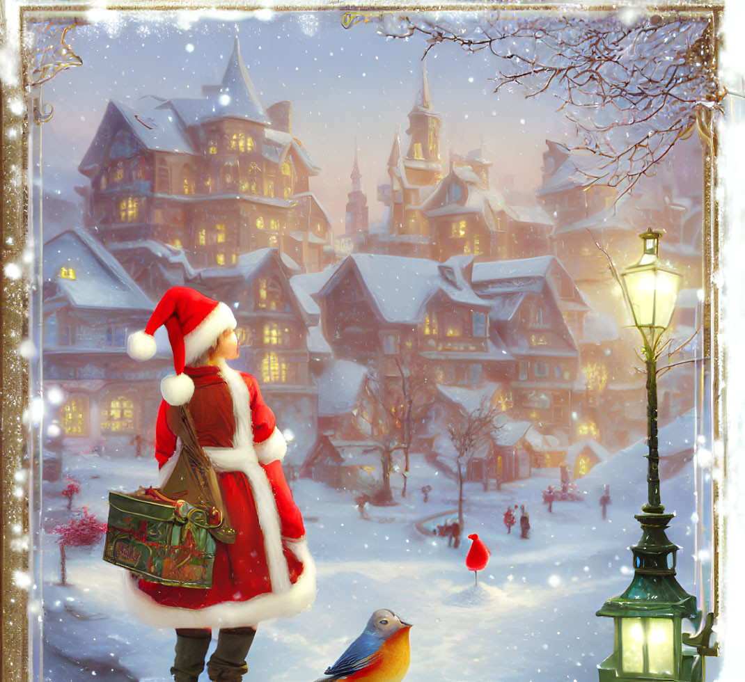 Santa Claus with gift in snowy village scene with lamp post and bird