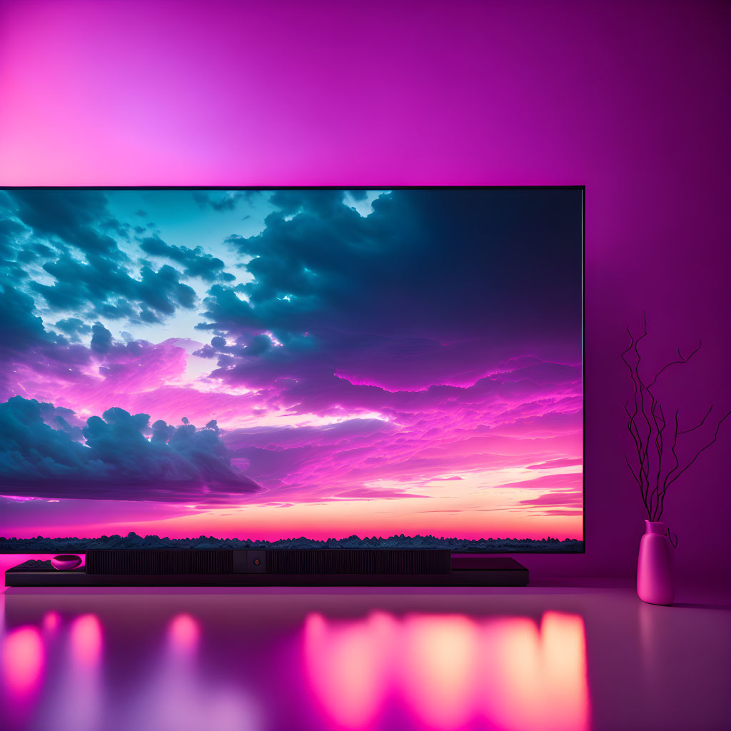 Contemporary home entertainment setup with large TV and purple sky display