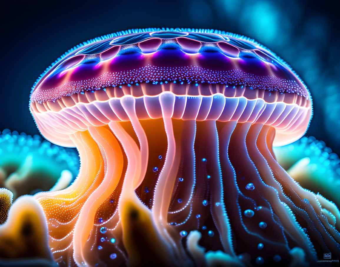 Colorful digital artwork: Jellyfish with translucent dome and intricate patterns on dark blue background