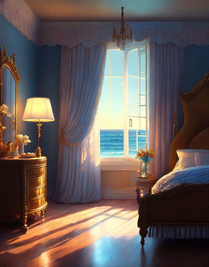 Sunset-themed bedroom with ornate furniture, glowing lamp, and ocean view window