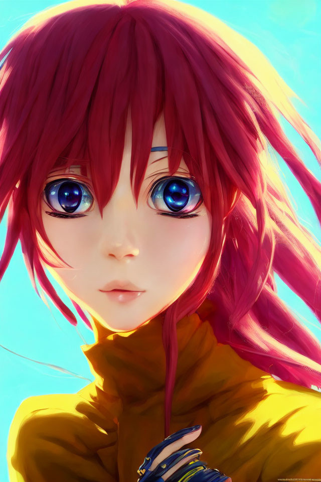 Vibrant red-haired anime character with blue eyes and yellow top on light blue background