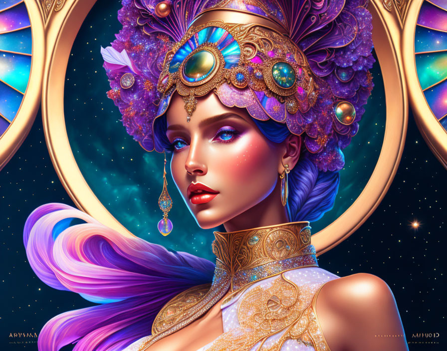 Vibrant purple hair woman with gold headdress in celestial setting