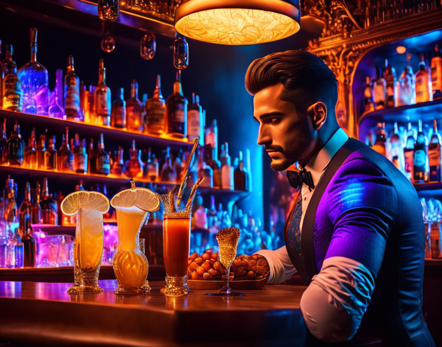 Elegant man in blue tuxedo at bar with colorful cocktails and snacks