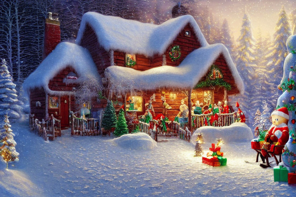 Snow-covered Christmas cottage with festive decorations in winter scene