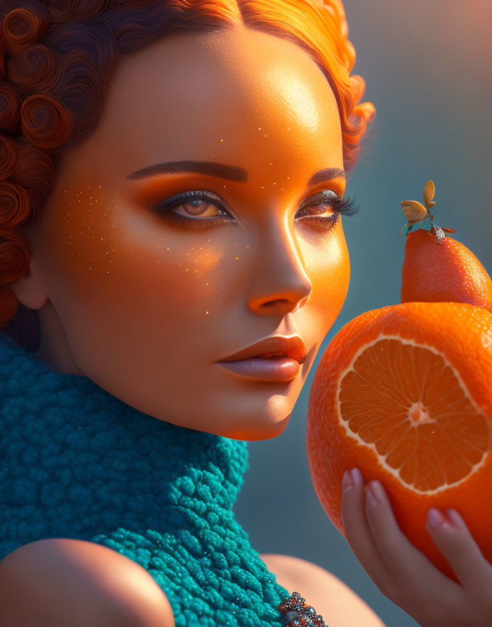 Vibrant portrait of a woman with curly orange hair and freckles