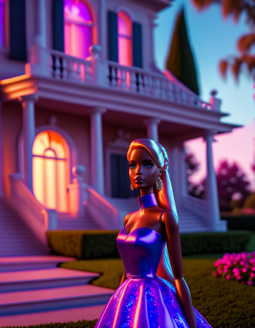 Surreal image: Woman in illuminated dress by grand house at dusk