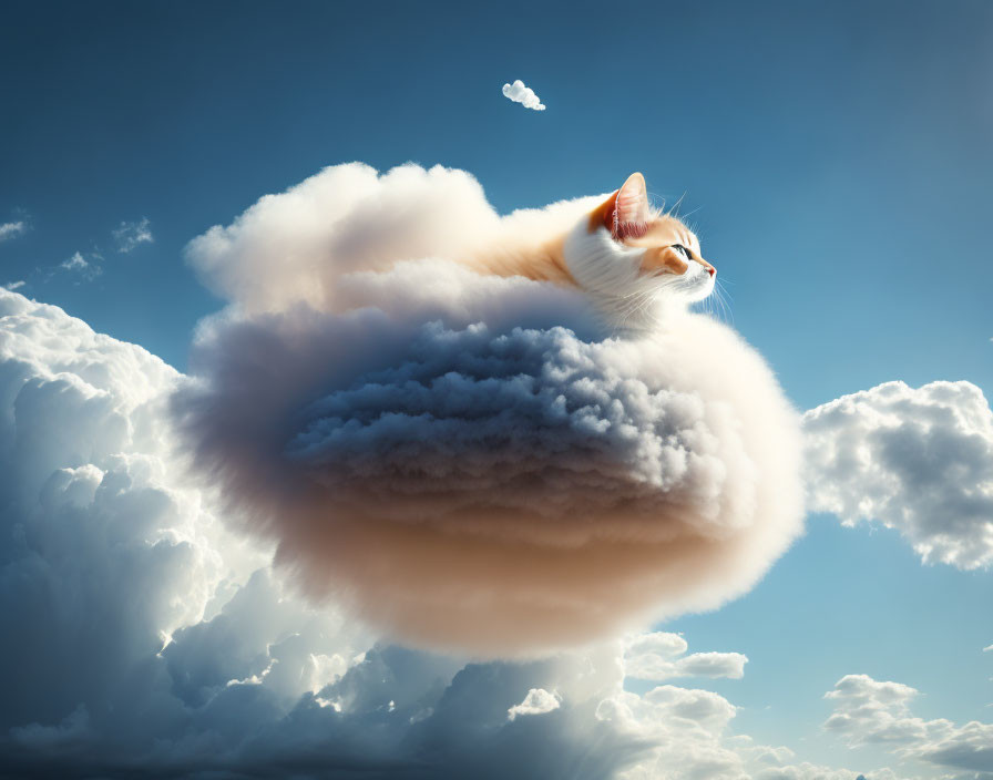 Fluffy Orange and White Cat Resting on Cloud in Blue Sky