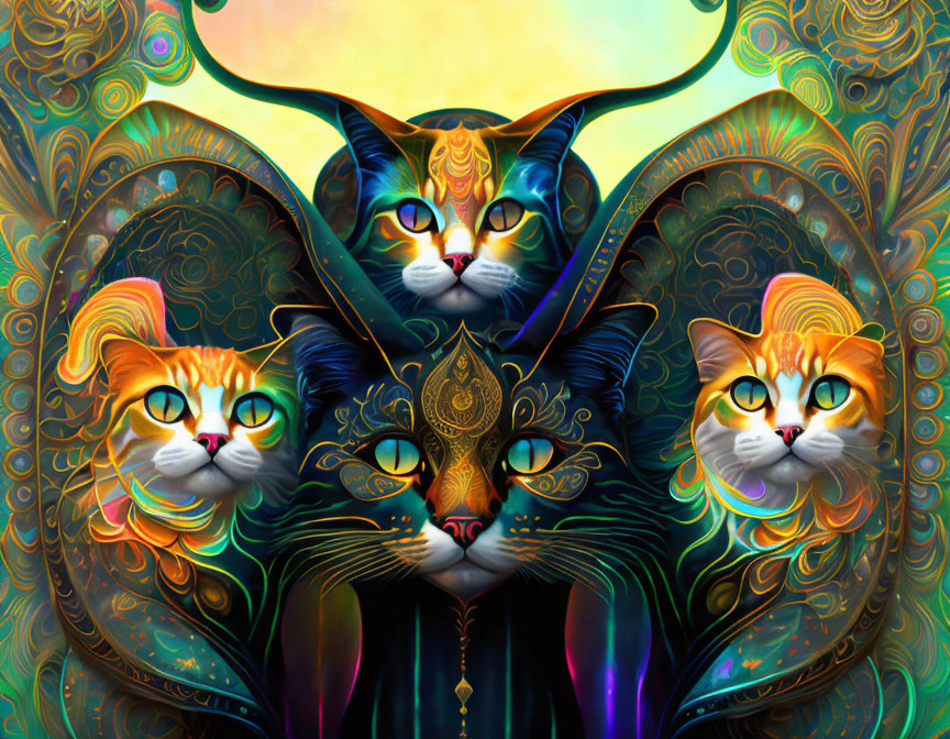 Vibrant digital art featuring three cats with intricate patterns and mystical aura