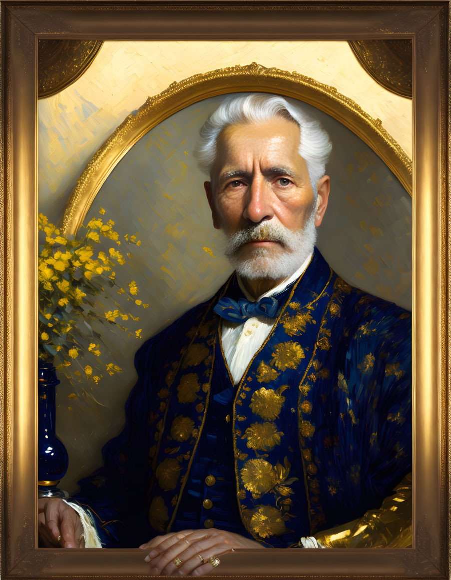 Elderly man with white hair and beard in blue and gold floral jacket on golden backdrop