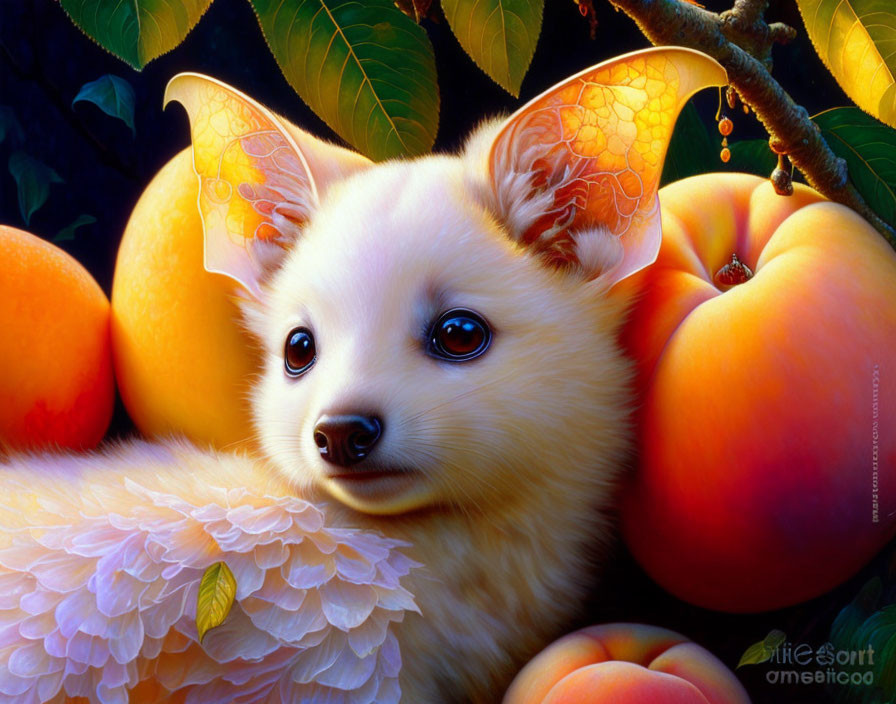 Dog-faced creature with butterfly wings among ripe peaches artwork