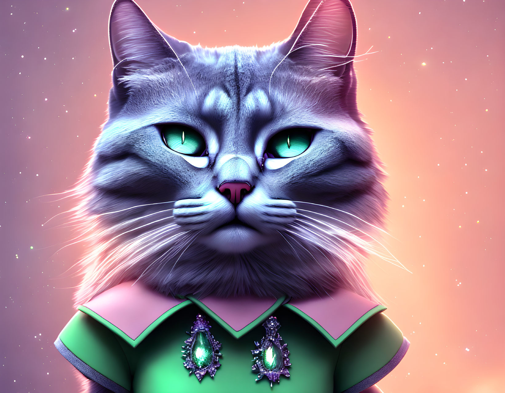 Detailed Stylized Cat with Green Eyes and Accessories on Cosmic Background