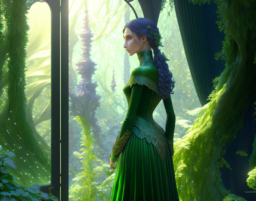 Woman in Green Dress Gazes at Lush Forest Through Window