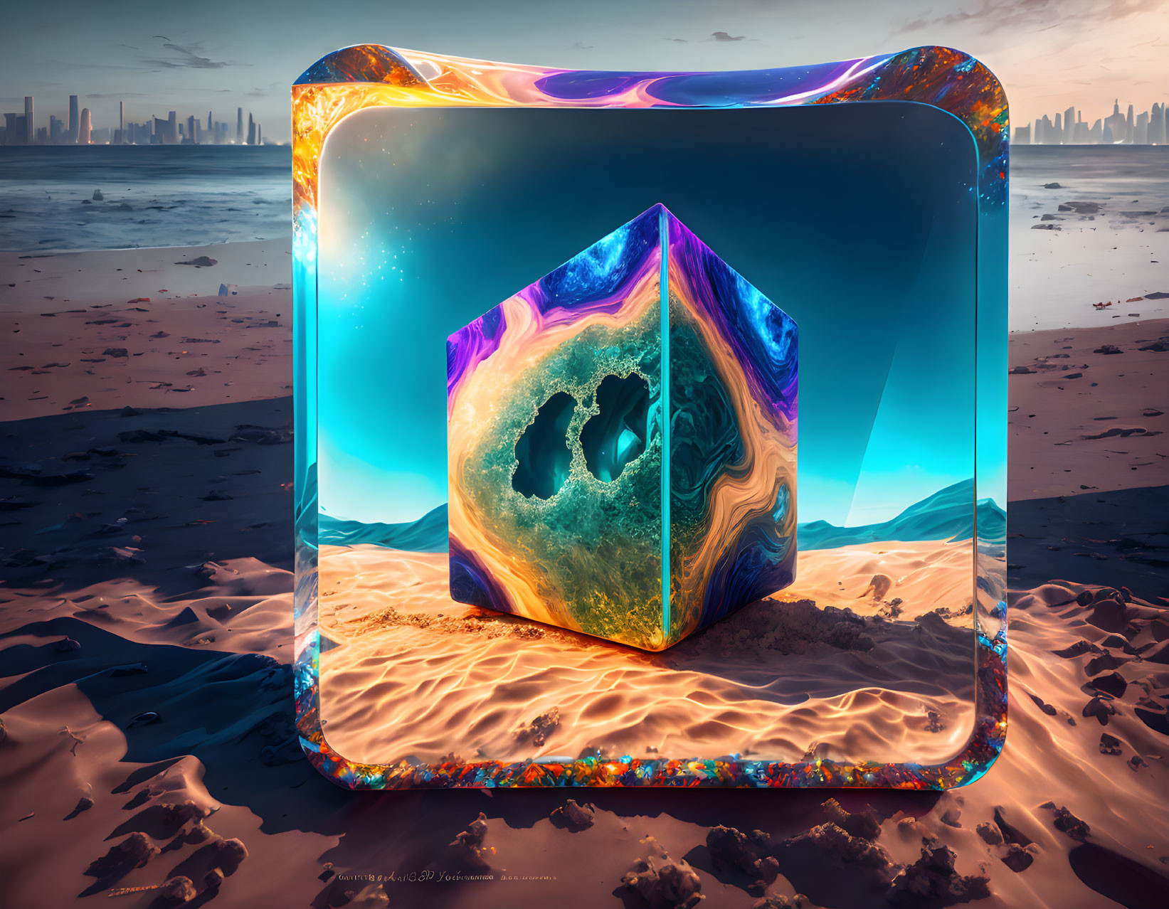 Surreal glowing cube on sandy shore with city skyline in dusky sky