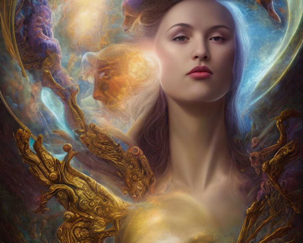 Fantasy portrait of woman with cosmic elements and golden filigree.