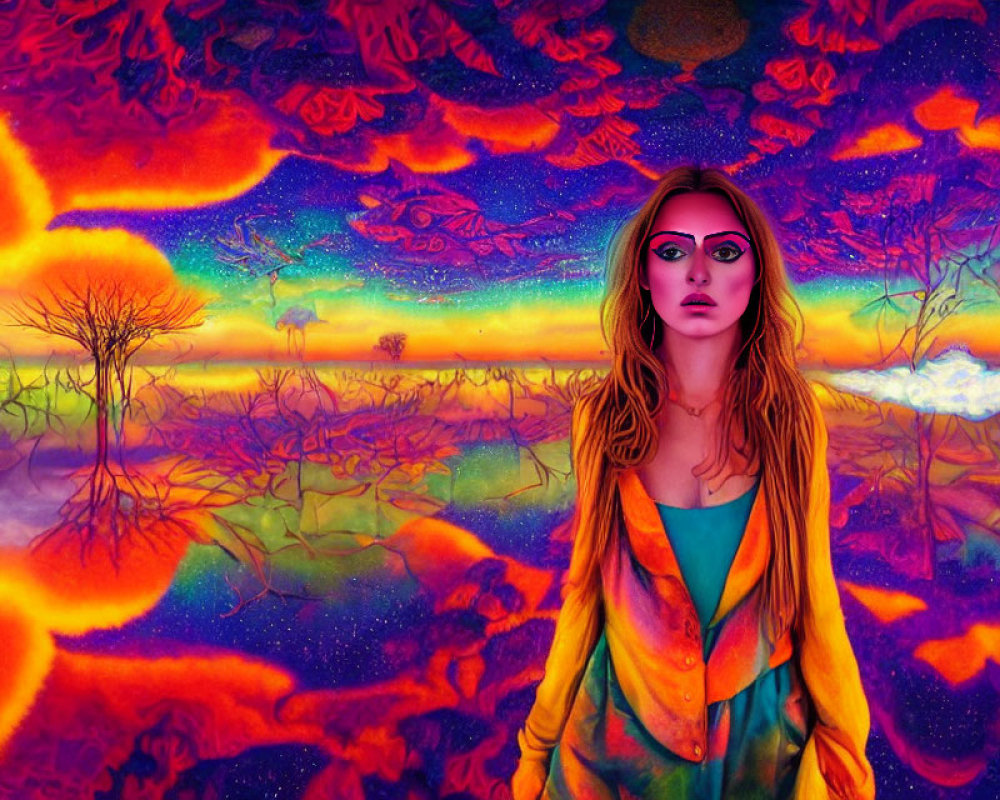 Colorful Trees and Celestial Scene with Woman in Pink Sunglasses