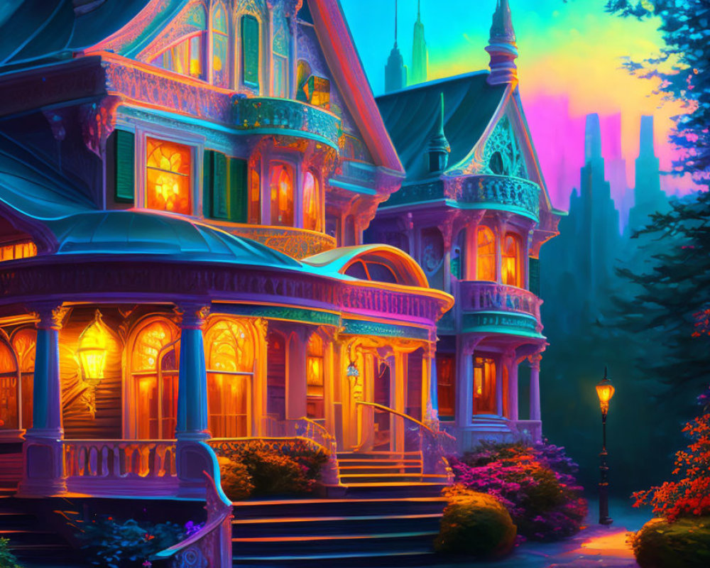 Victorian House Glowing in Neon Sunset Colors