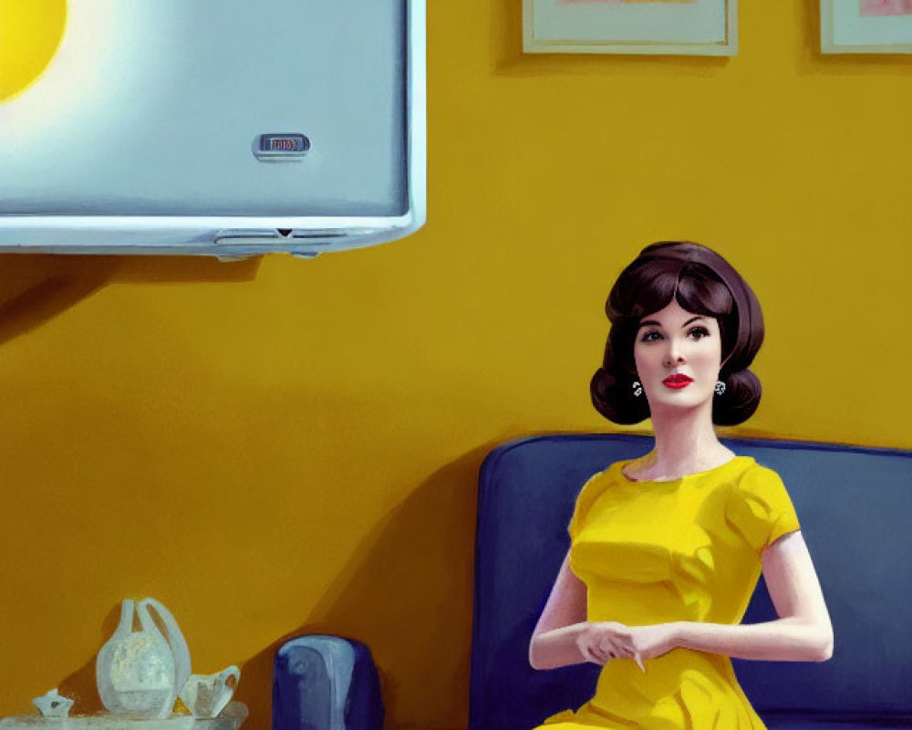 Stylized image of woman in yellow dress on blue couch with TV and minimalist decor