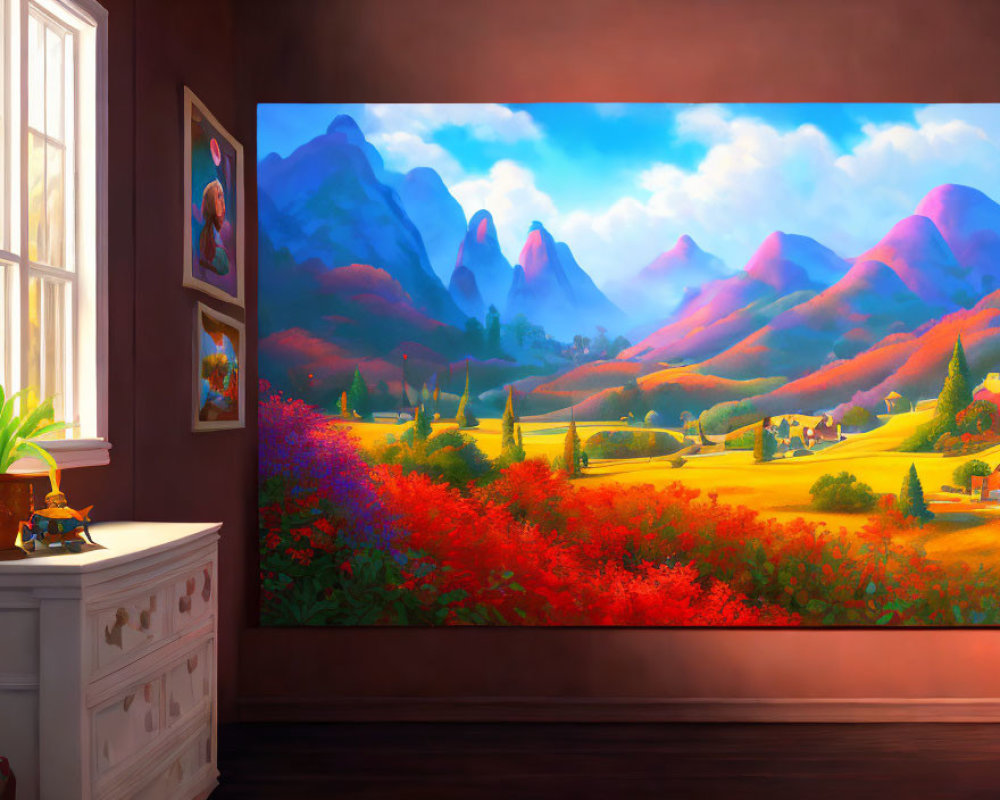 Colorful Interior Scene with Landscape Painting, Chest of Drawers, and Sunlit Plant