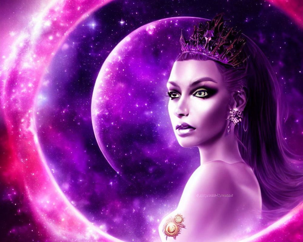 Regal woman with crown and green eyes in vibrant purple galaxy