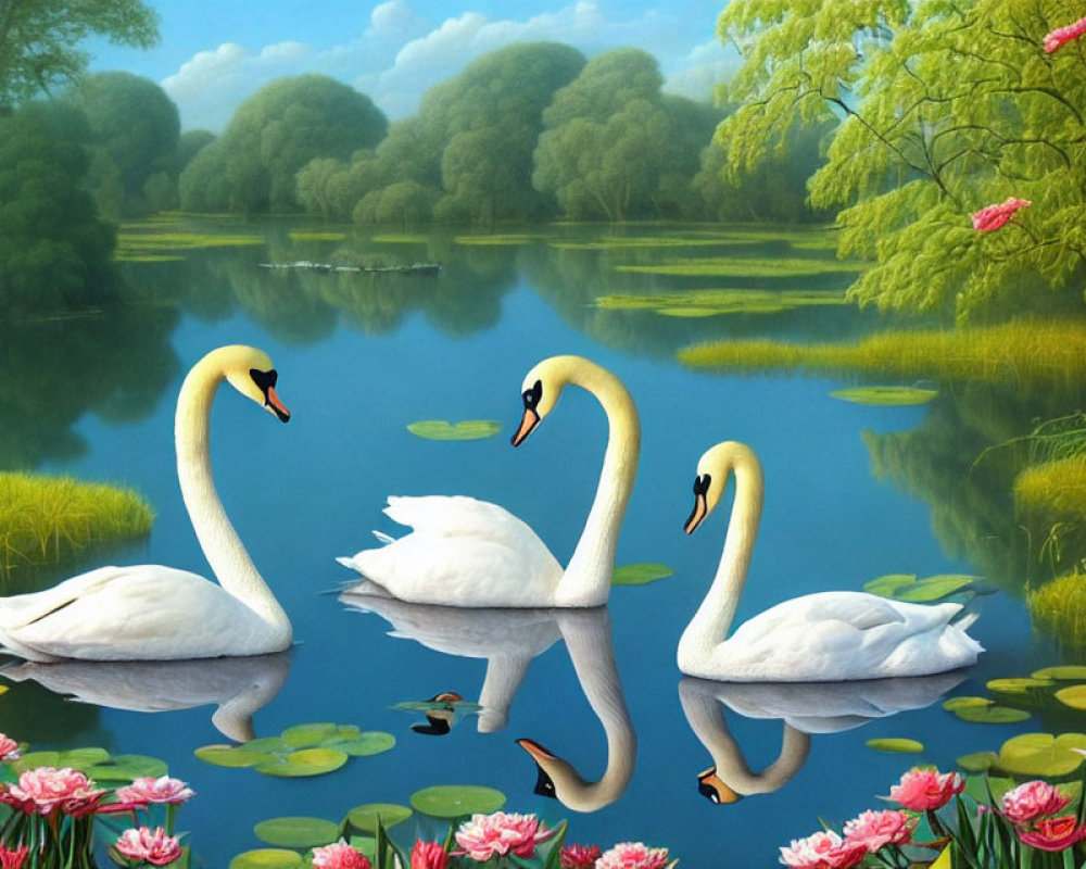 Tranquil lake scene with three swans and lotus flowers
