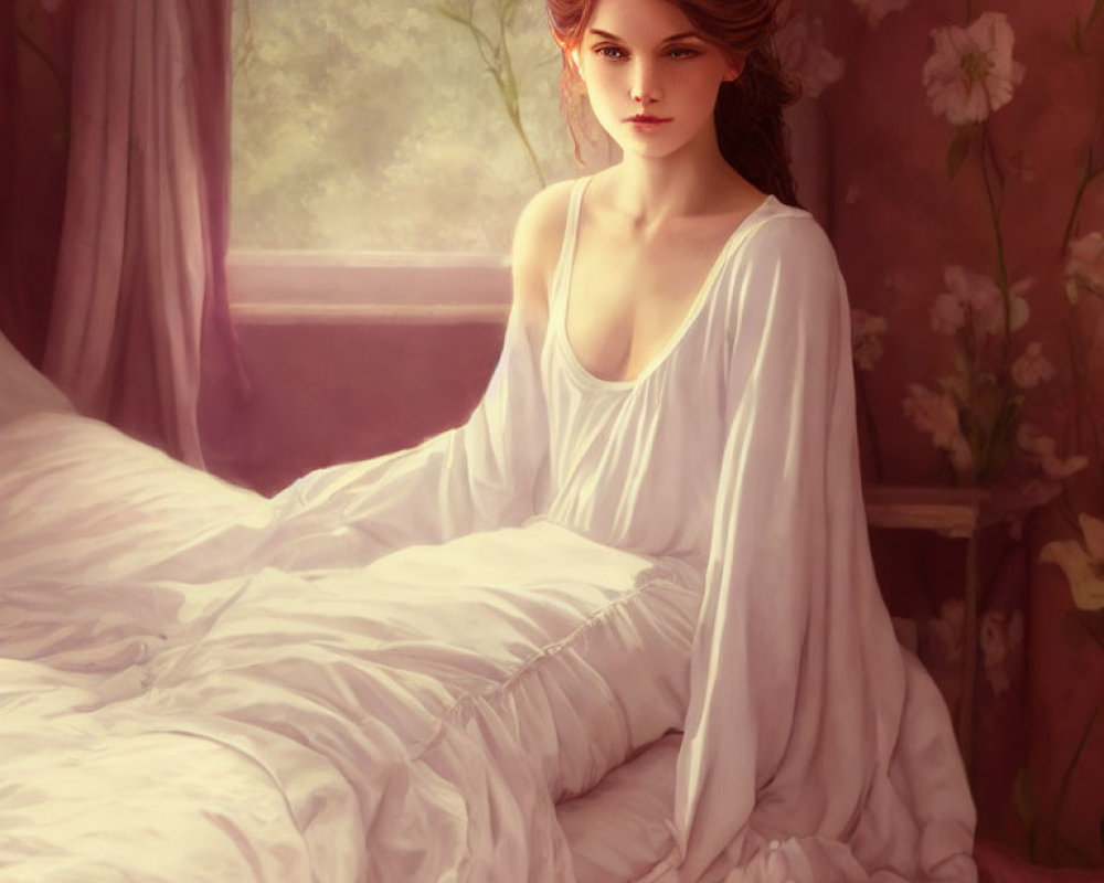 Digital painting of woman with brown hair on bed, draped in white linens, floral background & soft