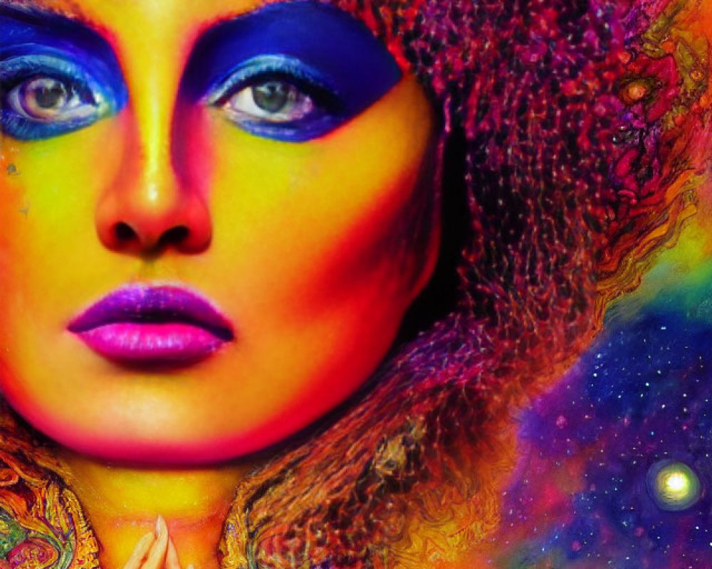 Colorful Psychedelic Makeup on Woman in Meditative Pose