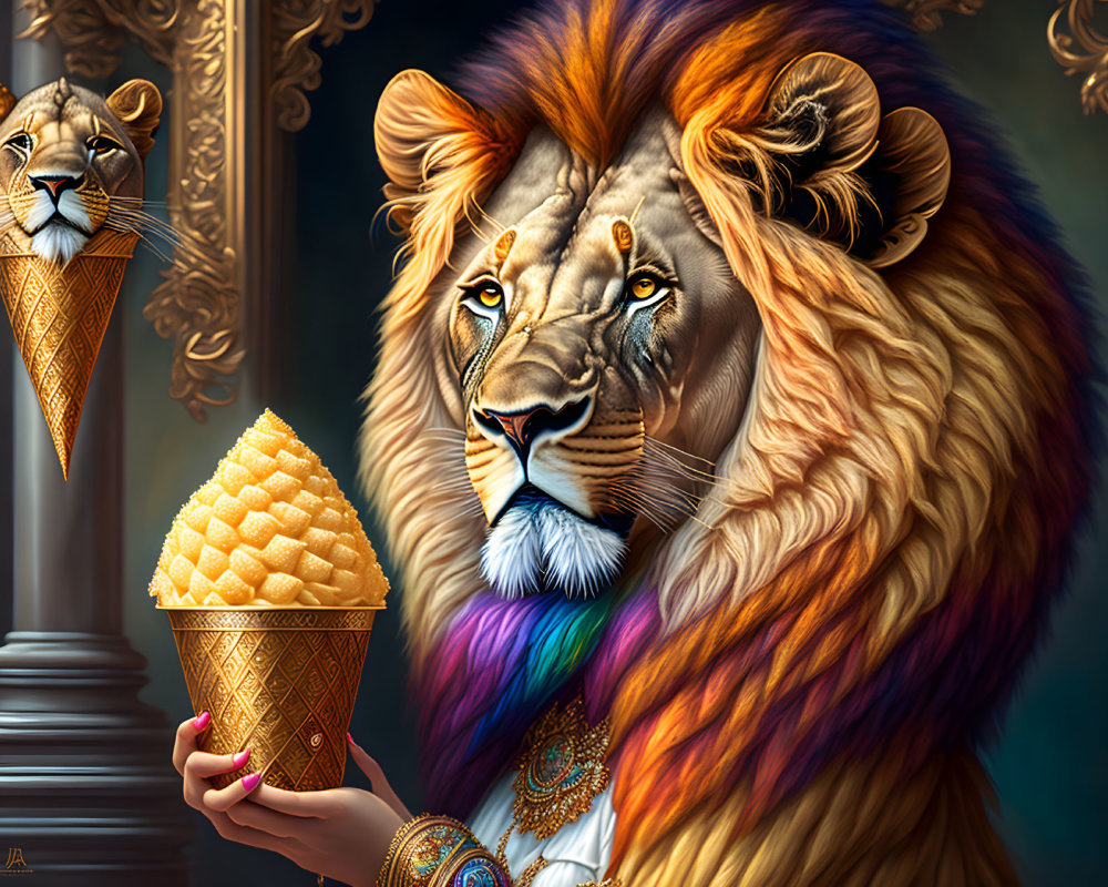 Colorful lion with rainbow mane and golden waffle cone amidst baroque decor and lion sculpture.