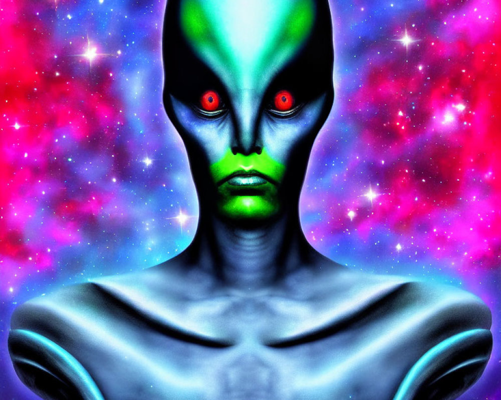 Colorful Alien Art with Glowing Red Eyes & Green Skin