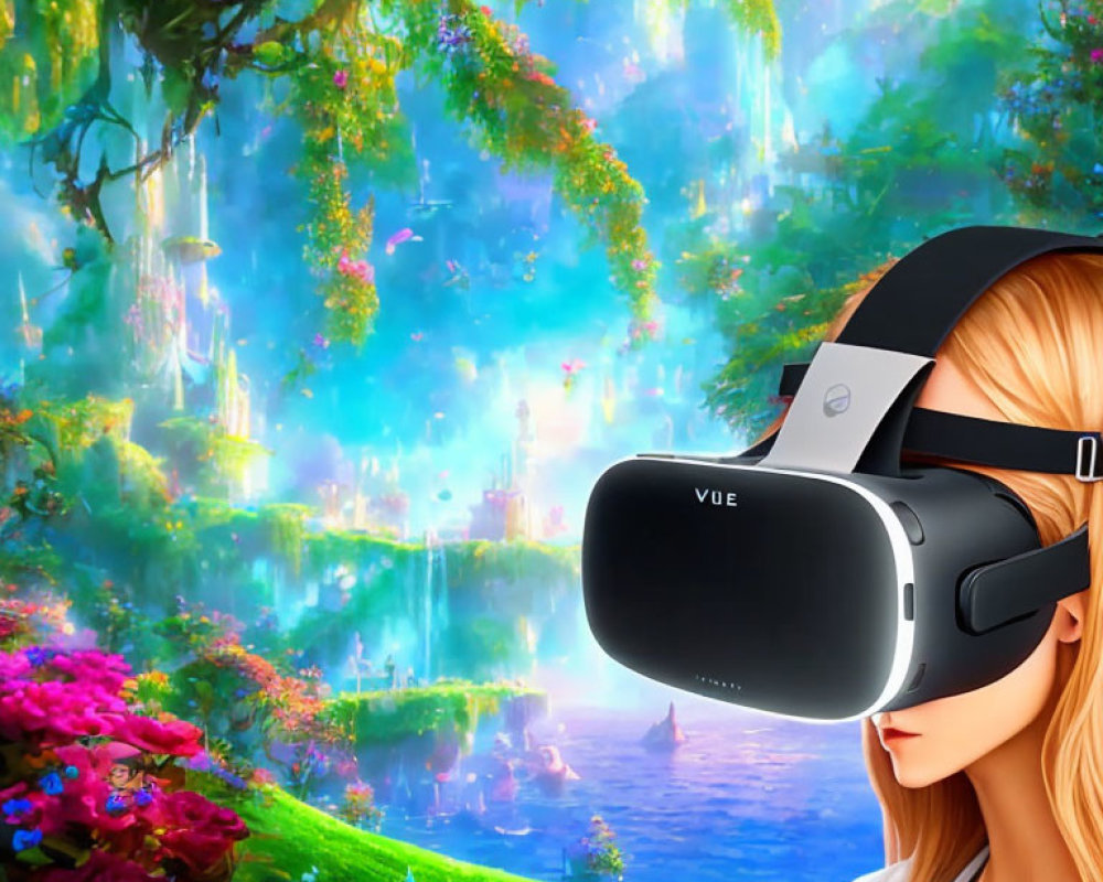 Woman in VR headset immersed in vibrant fantastical landscape