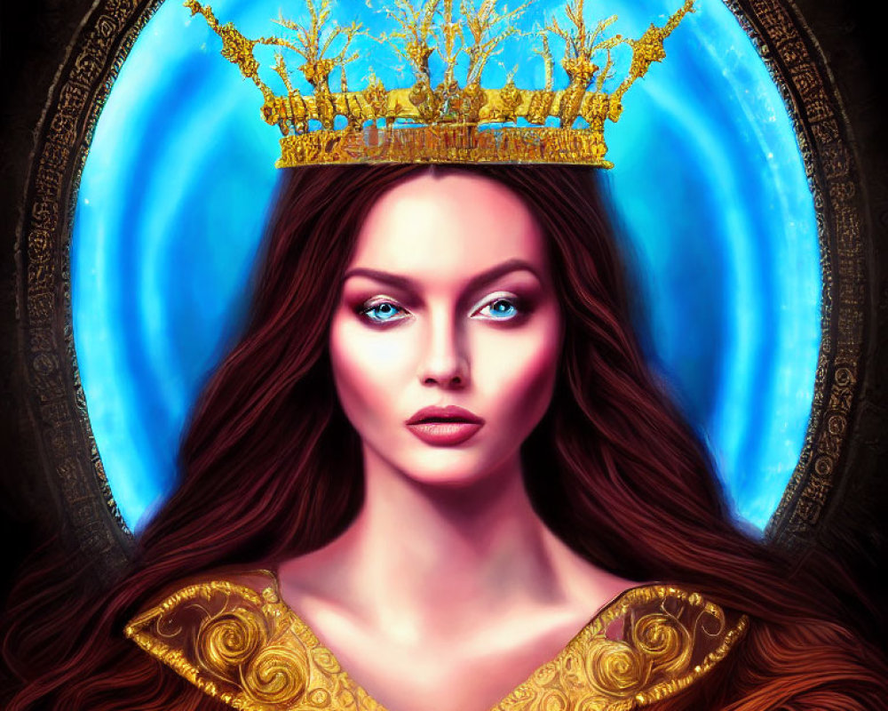 Regal woman with long brown hair in golden crown and blue dress.