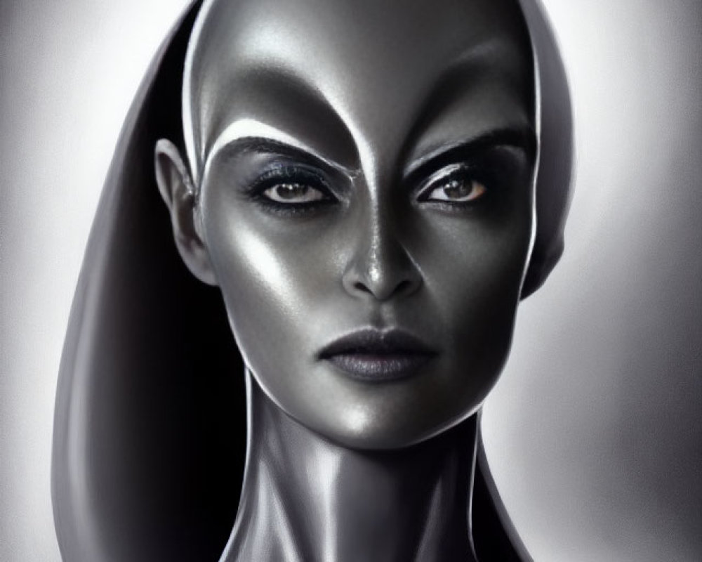 Monochrome humanoid figure with elongated head and large eyes