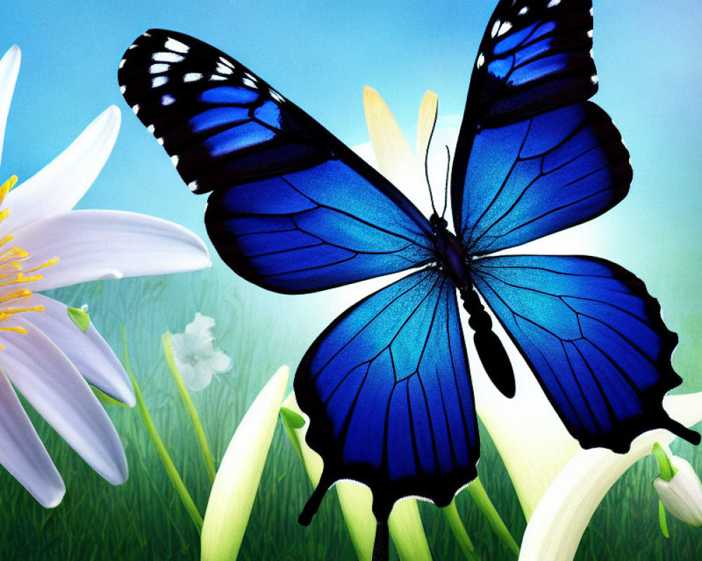 Blue butterfly with black markings on white flower against green backdrop