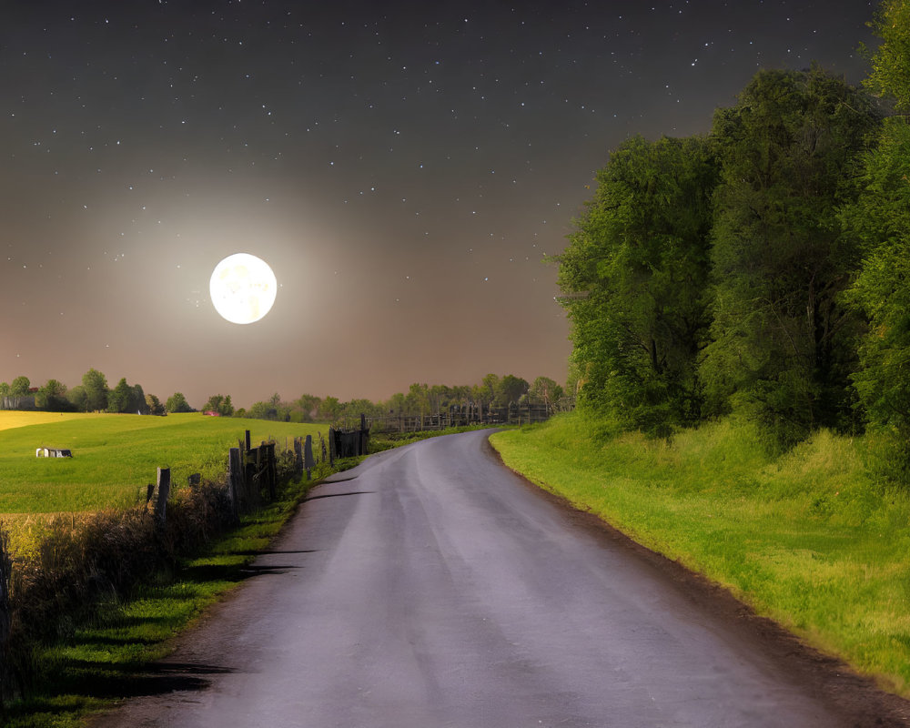Full Moon Night Scene: Countryside Road, Grazing Animals, Forest, Starry Sky
