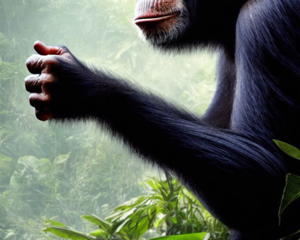 Contemplative chimpanzee with closed hand in forest background