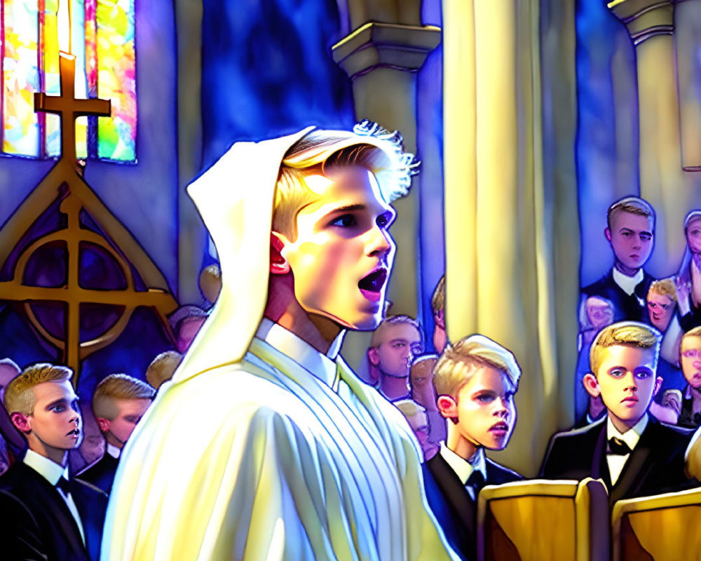 Choir boy singing in church with stained glass windows
