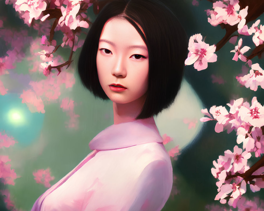 Young woman portrait with serene expression among pink cherry blossoms