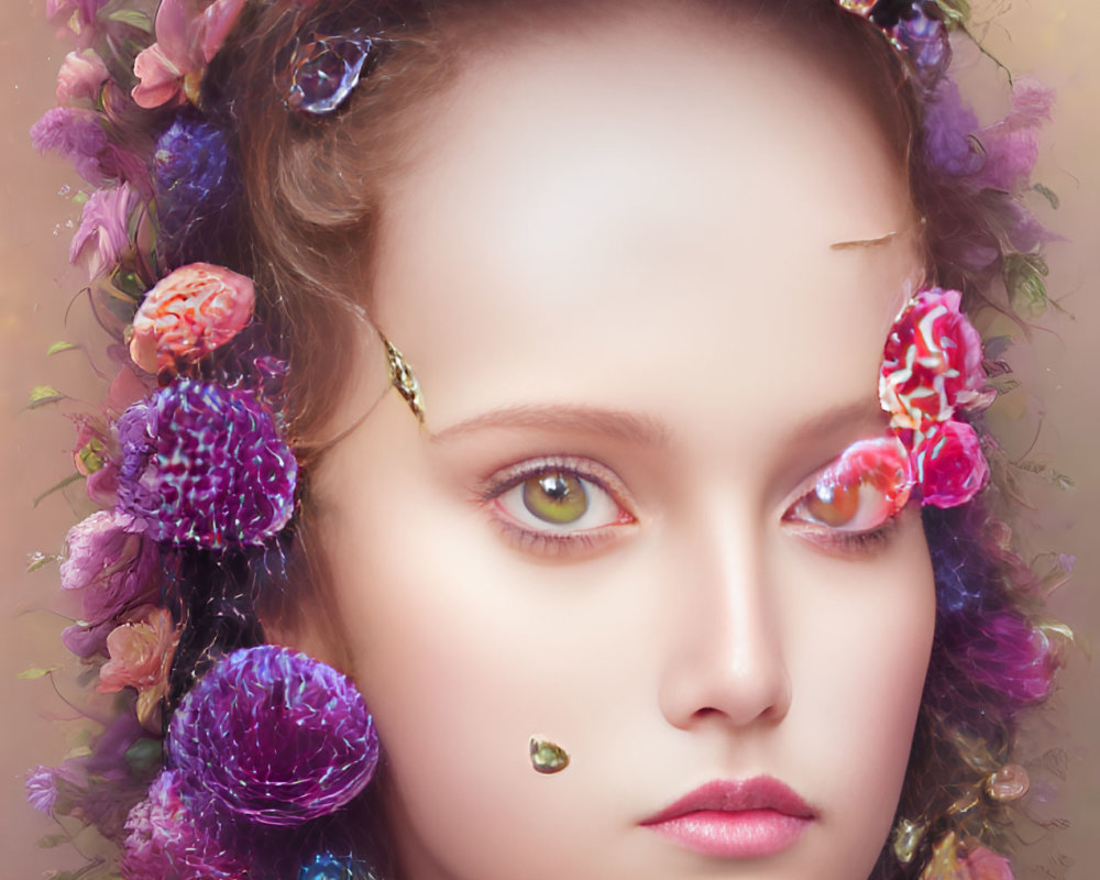 Portrait of young woman with purple and pink floral crown and ethereal glow