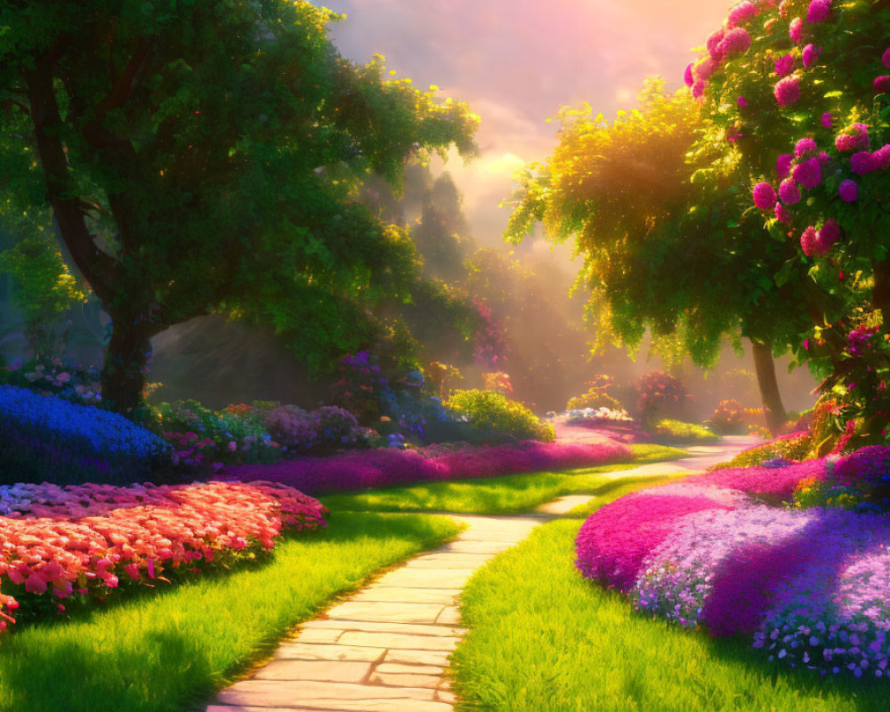 Lush garden pathway with colorful flowers and trees in golden sunlight
