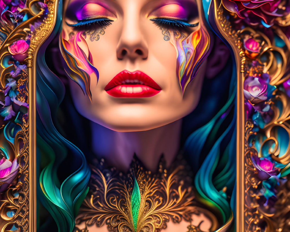 Colorful portrait of a woman with vibrant makeup and ornate floral framing