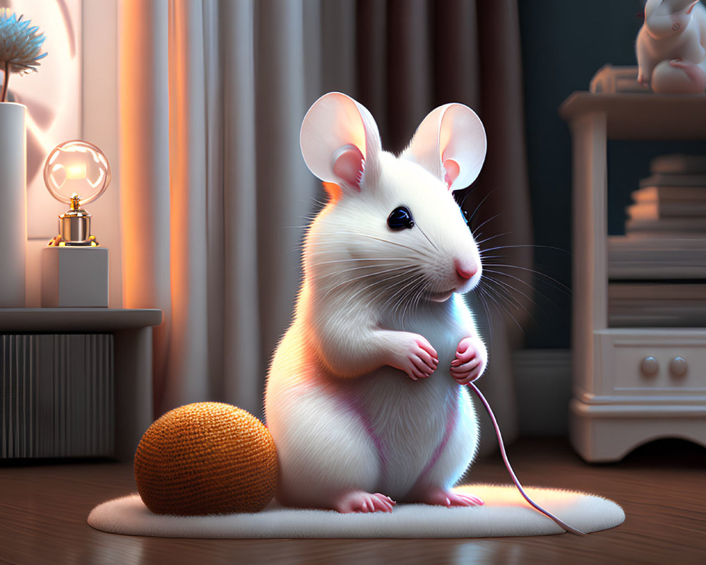 Adorable 3D-rendered mouse with large ears in cozy room setting