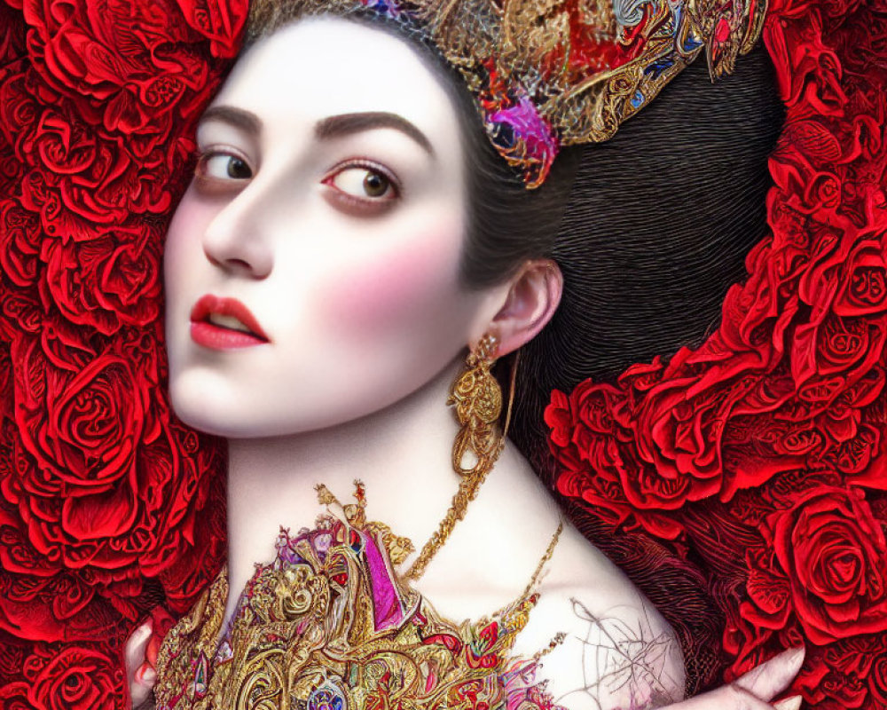 Portrait of Woman with Pale Skin Surrounded by Red Roses and Ornate Gold Jewelry