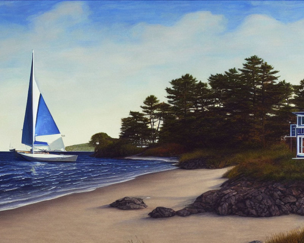 Tranquil coastal landscape with sailboat, beach, rocks, house, trees, and clear sky