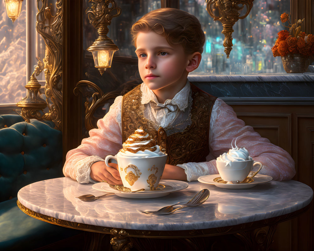 Young boy in elegant attire enjoying hot chocolate in ornate room