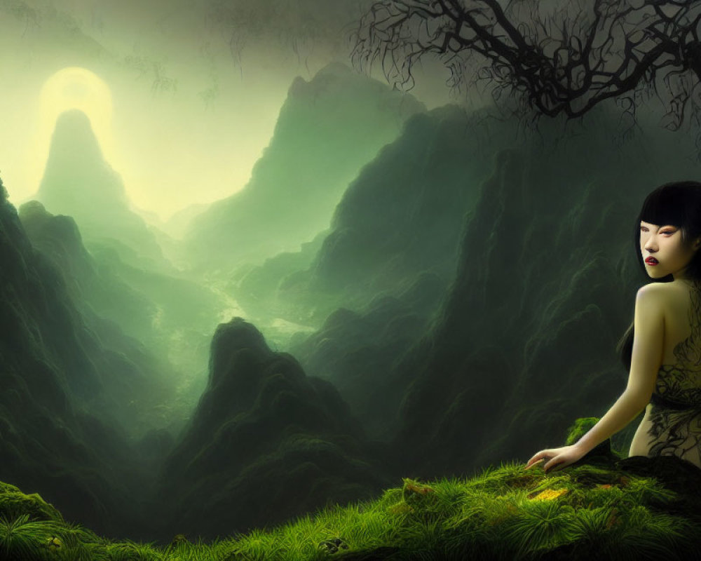 Woman sitting by cliff's edge overlooking misty green mountains under hazy sun