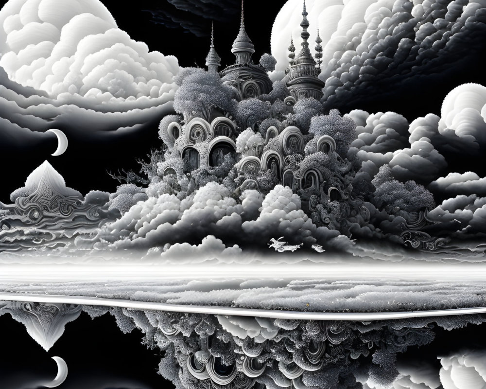 Monochrome fractal art of surreal landscape with clouds and intricate architecture