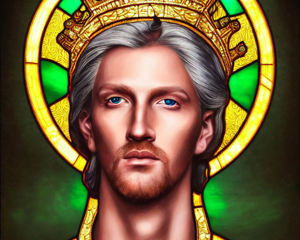 Regal man with golden crown on stained glass background