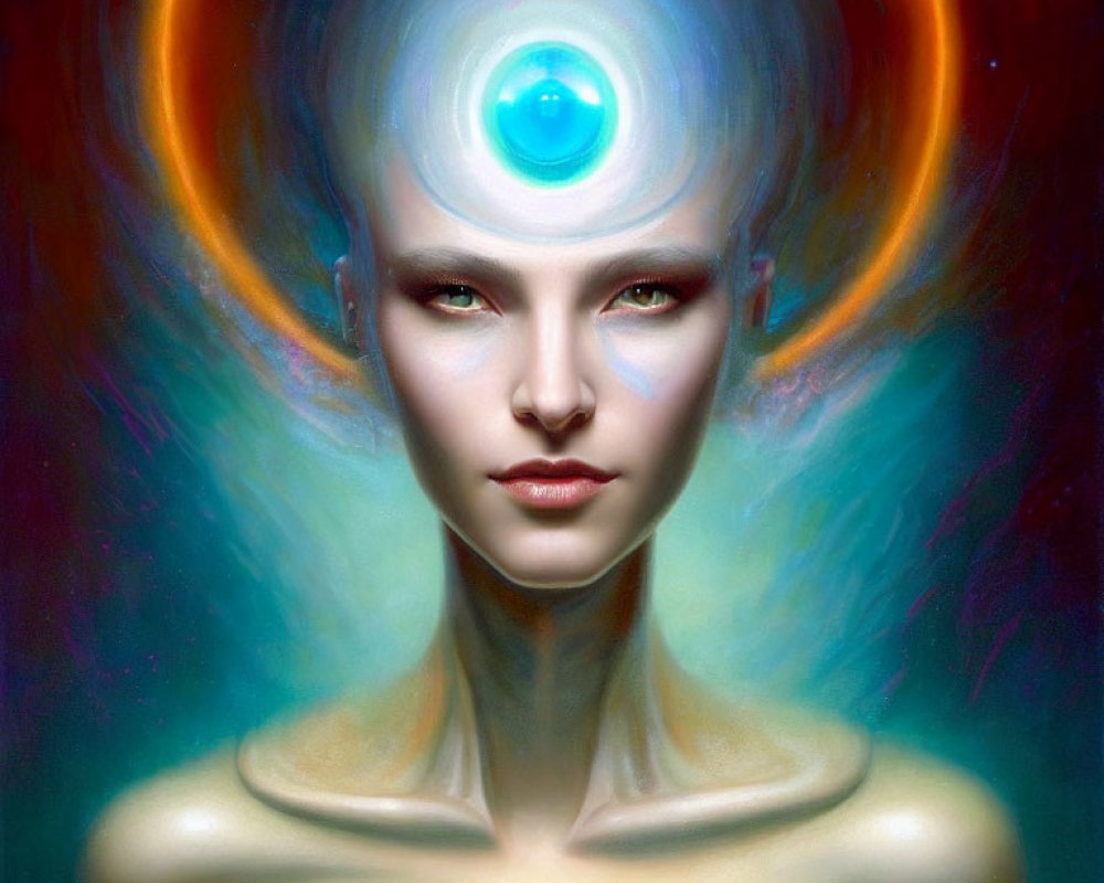 Surreal portrait of humanoid with glowing blue third eye and halo aura on colorful nebulous background