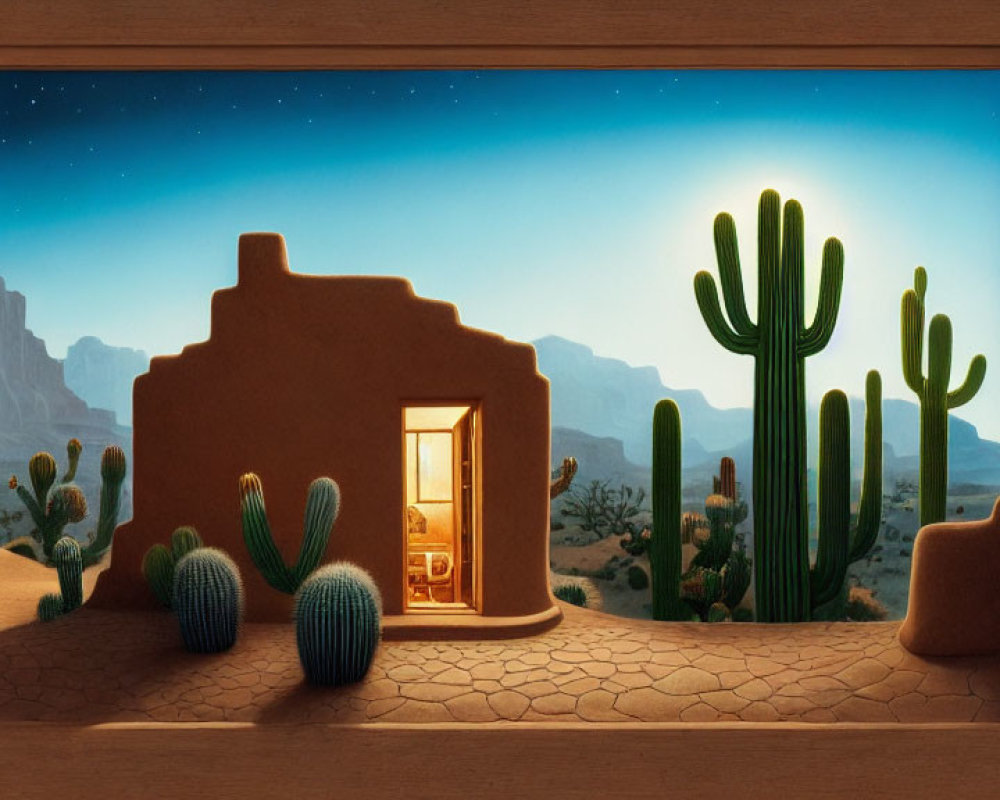 Desert night scene with adobe house and cacti under starry sky