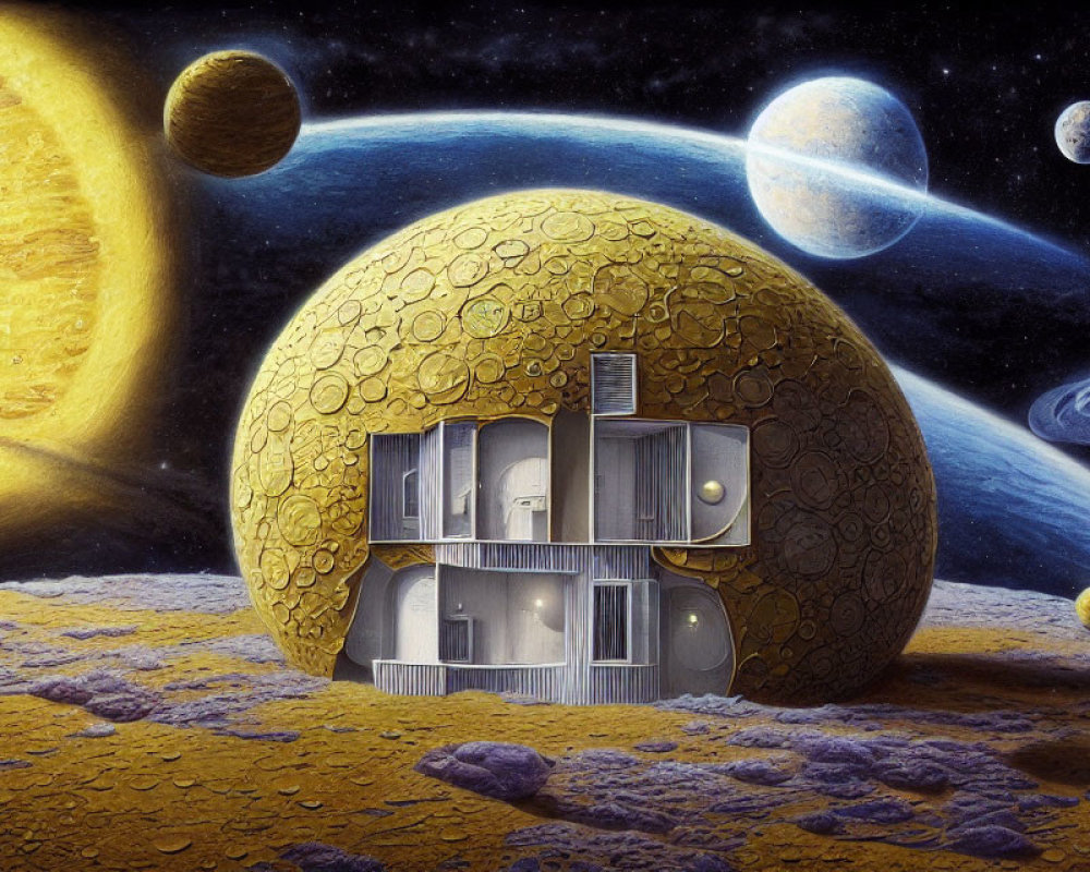 Surrealistic landscape with spherical honeycomb-patterned house on moon-like terrain